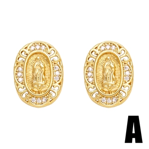 Gold oval stud earrings with Our Lady of Guadalupe relief and white cubic zirconia stones