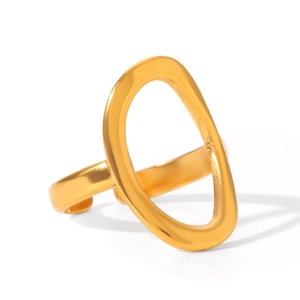 Detailed view of an open golden ring with a large irregular oval cutout design