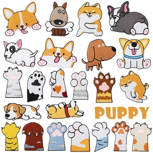 Assorted cartoon puppy embroidery patches featuring Corgi and Shiba Inu on white background