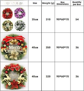 Detailed size and weight chart for 35cm-40cm Christmas wreaths in various styles