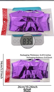 Purple metallic fringe table skirt package weight 83.5g and 14x26cm dimensions detail