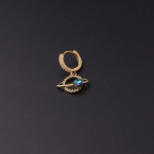 Detail of gold planet earrings featuring blue star zircon and pavé crystal setting