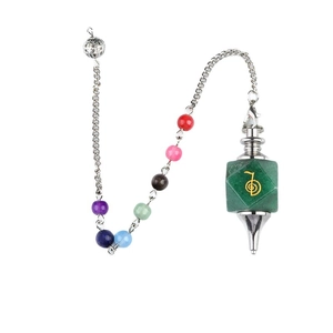 Green aventurine Cho Ku Rei reiki pendulum with seven chakra beads on a silver chain