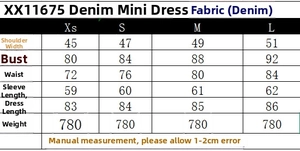 Size chart detail for the denim mini dress showing shoulder, chest, and waist measurements
