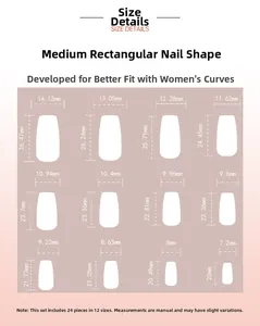 Size chart for medium-long square press-on nails featuring 12 sizes with measurements