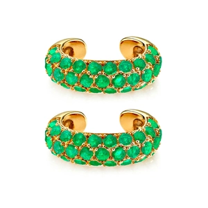 Detail view of 18K gold plated C-shaped ear cuffs set with micro-pave green zircon stones