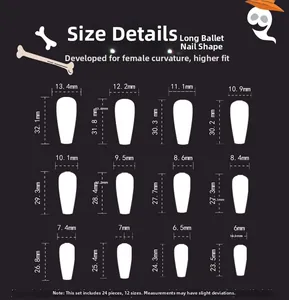 Size chart showing 12 dimensions for long ballet Halloween press-on nails set of 24 pieces
