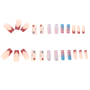 Long square press-on nails with red stars and US flag design in French tip style