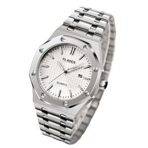 Classic silver stainless steel watch with white grid dial and date display on white background