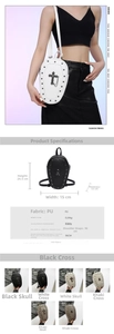 Gothic coffin-shaped mini backpack with metal cross and dimensions on model