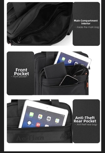 Detailed view of the multi-compartment interior and anti-theft back pocket for iPad storage