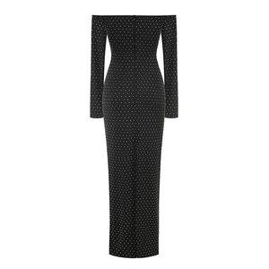 Elegant black off-shoulder maxi dress with sparkling rhinestones and slim fit silhouette