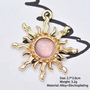 Baroque sunflower alloy pendant with pink gemstone for DIY jewelry making 2.7x3.0cm
