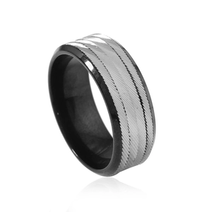 8mm men's stainless steel ring with black edges and silver diagonal braided texture inlay
