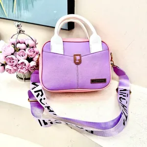 Stylish purple color-block crossbody bag with wide patterned strap and P-letter metal logo