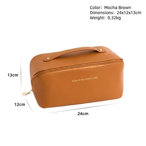Mocha Brown PU leather travel toiletry bag with handle and double zipper 24x12x13cm