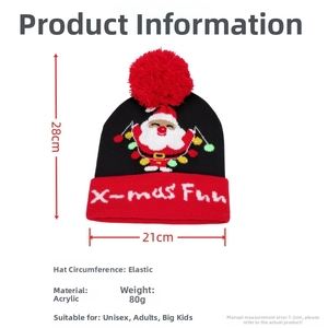 Detail view of acrylic Christmas LED beanie with Santa motif and sizing dimensions
