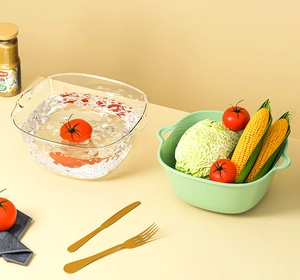Detail of light green double-layer drain basket with transparent outer basin for kitchen