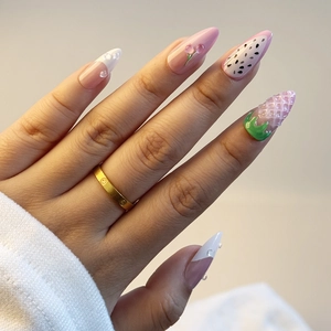 3D strawberry press-on nails set with long almond shape and sweet relief patterns