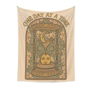 Bohemian style cat tapestry wall hanging with One Day At A Time quote in beige color
