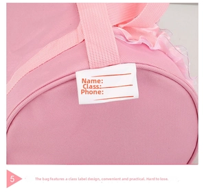 Detail of pink dance bag featuring a built-in ID tag for name and lace trim edge