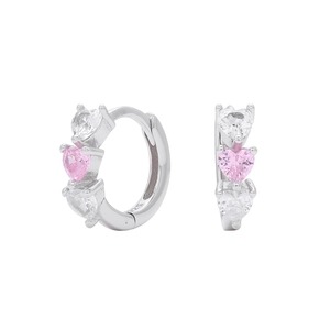 Detail view of 925 sterling silver earrings with heart-cut pink and white zircons