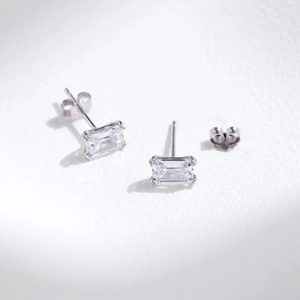 Minimalist S925 sterling silver stud earrings with emerald cut rectangle cubic zirconia