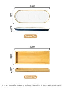 Detailed size chart of ceramic and bamboo trays for seasoning jar set organization