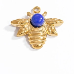 Elegant gold stainless steel bee pendant with a blue gemstone head for jewelry making