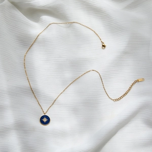 Blue enamel compass star pendant necklace in 18K gold plated stainless steel