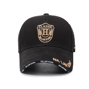 Black cotton baseball cap with gold shield embroidery and classic letter embroidery