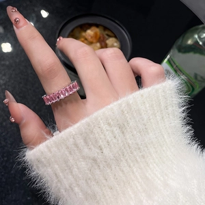 Minimalist open pink heart ring with silver band and rectangular crystals for women