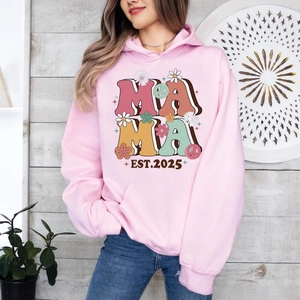 Sweat À Capuche Mama Est 2025 Coquette Imprimé Floral Vintage Polyester Pull Sweat Poche Kangourou Cadeau Fête Des Mères