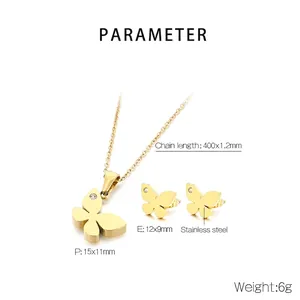 Detailed butterfly jewelry set including gold necklace and earrings with CZ accents