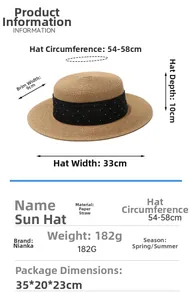 Detailed sizing chart for women's straw sun hat with ribbon and rhinestone decor