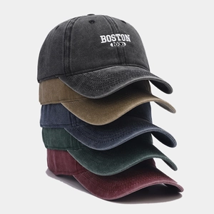 Vintage washed cotton baseball caps with Boston embroidery in five assorted colors