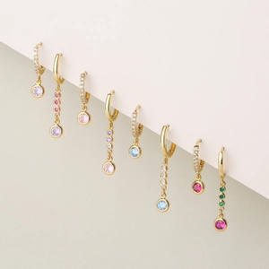 Colorful Round Cubic Zirconia Hoop Earrings 18K Gold Plated Copper Huggies Dangle Drop Fashion Jewelry For Women