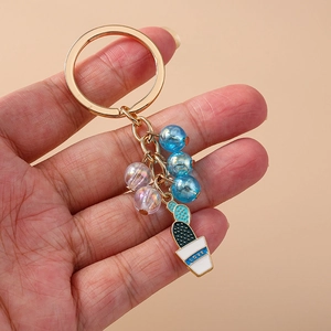 Pastoral style cactus keychain with golden ring, colorful beads and a LOVE heart planter