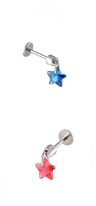 Detailed view of star-shaped zircon stud earrings in blue and rose red hues