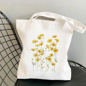 Floral Canvas Tote Bag For Women Aesthetic Flowers Printed Reusable Shopping Shoulder Handbag Large Capacity Travel Casual