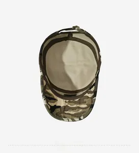 Detail view of cotton camo cadet hat interior with sweatband and 100% cotton label