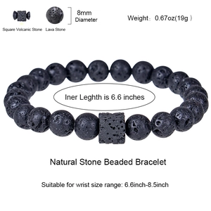 Natural lava stone beaded bracelet with 8mm black beads and detailed size measurements