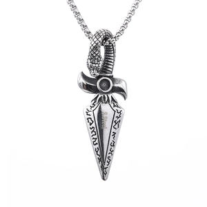 Vintage stainless steel snake and arrow spearhead pendant necklace in antique silver finish