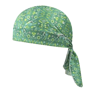 Detail of green bandana cap with badminton prints and long adjustable straps