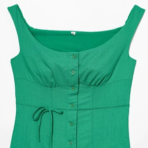 Green linen blend sleeveless midi dress with front buttons and waist tie detail