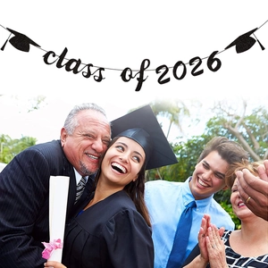 Class of 2026 glitter graduation banner with mortarboard icons for party decor