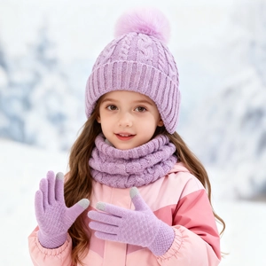 Three-piece winter knit set for kids with lavender beanie, scarf and touch gloves