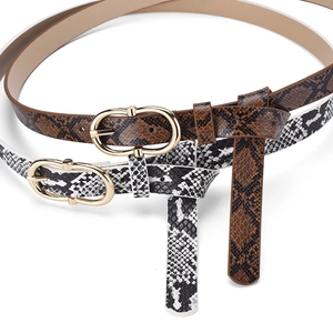 Brown and black-white snakeskin textured belts for women with golden oval buckles