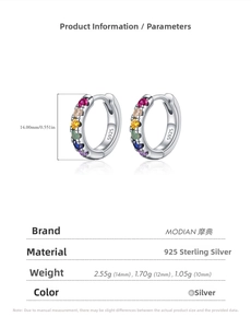 Detailed size parameters of 925 sterling silver hoop earrings with colorful zircon stones