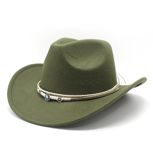 Detail of dark green wide-brim felt hat with woven band featuring Nazar eye ornaments